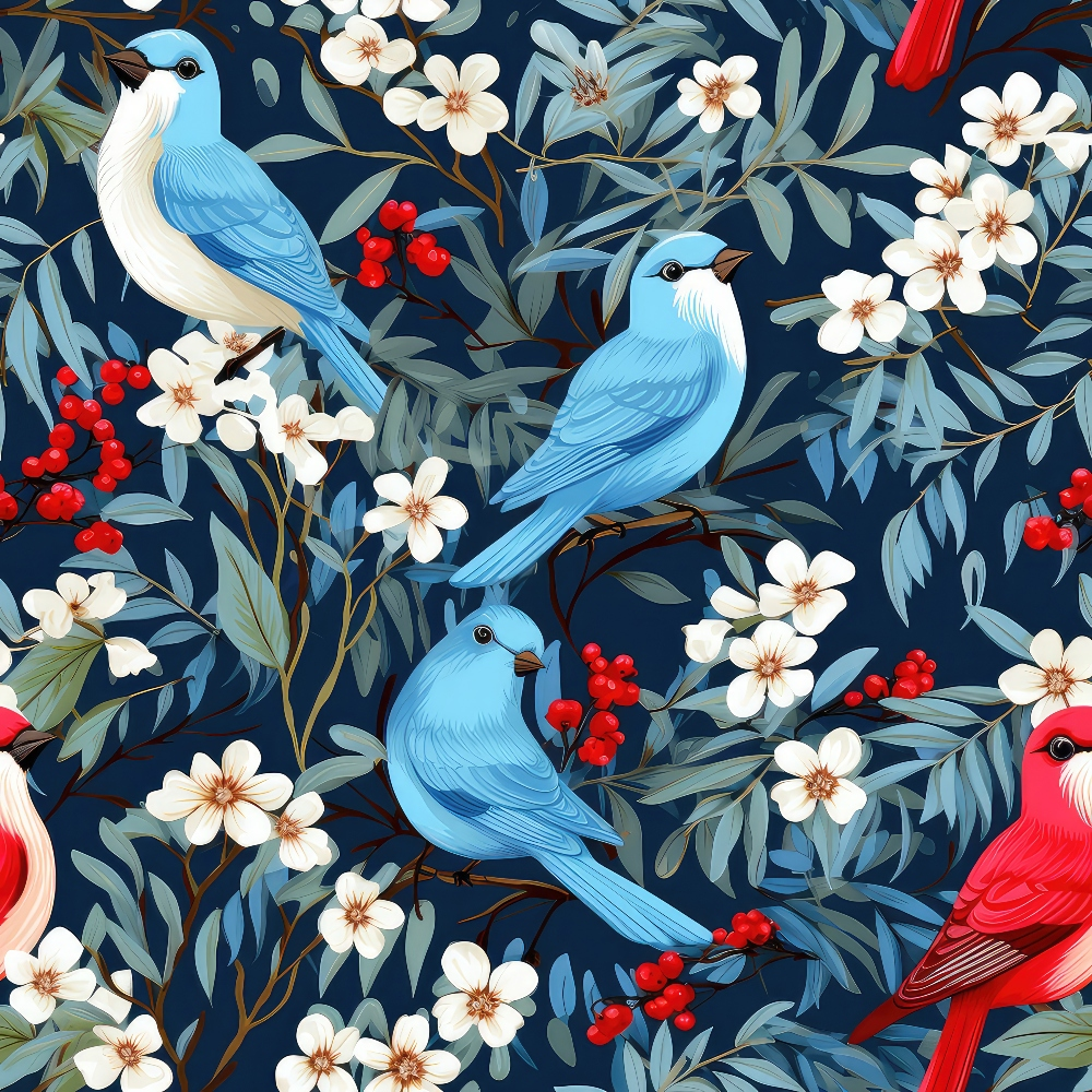 blue birds, red cardinal, navy background, white flowers, red berries, winter birds, floral pattern, quilting cotton, fabric panel, botanical design, seamless repeat, nature motif, songbirds, cherry blossoms, winter theme, bird illustration, decorative fabric, craft material, sewing fabric, detailed artwork