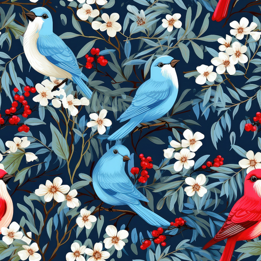 Illustrated pattern of blue and red birds among white flowers and green leaves on a dark background.