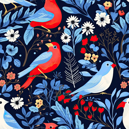 Illustrated birds in red and blue among decorative flowers and leaves on a dark background.