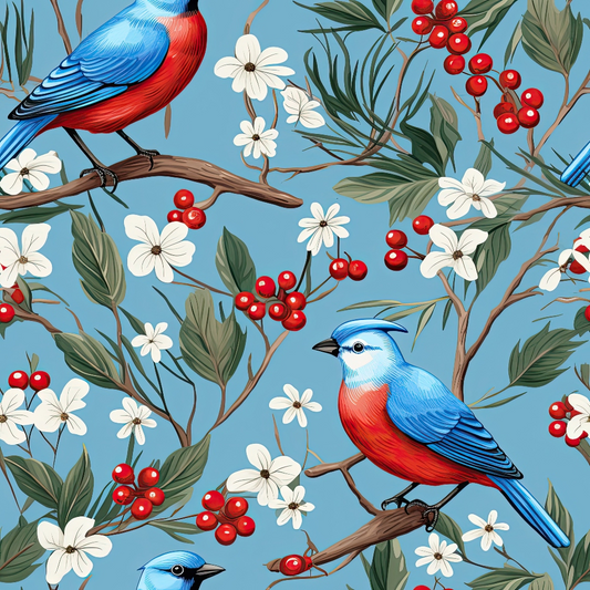 Illustration of blue and red birds perched on branches with white flowers and red berries against a blue background.