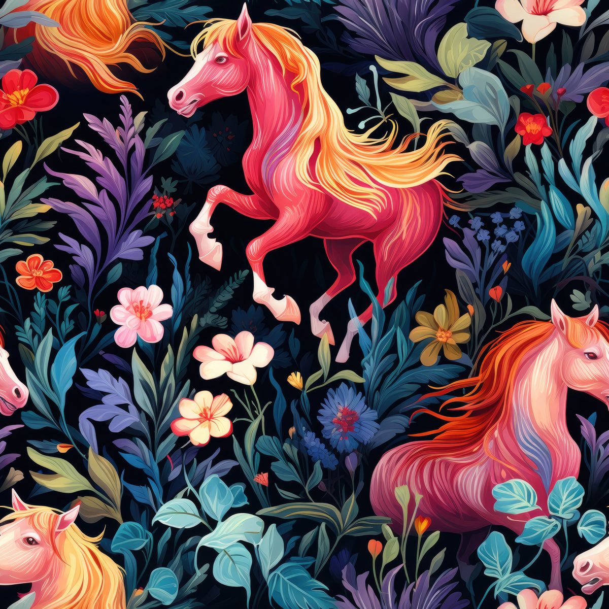 Cute Floral Horses Pattern 1 Quilting Cotton Fabric