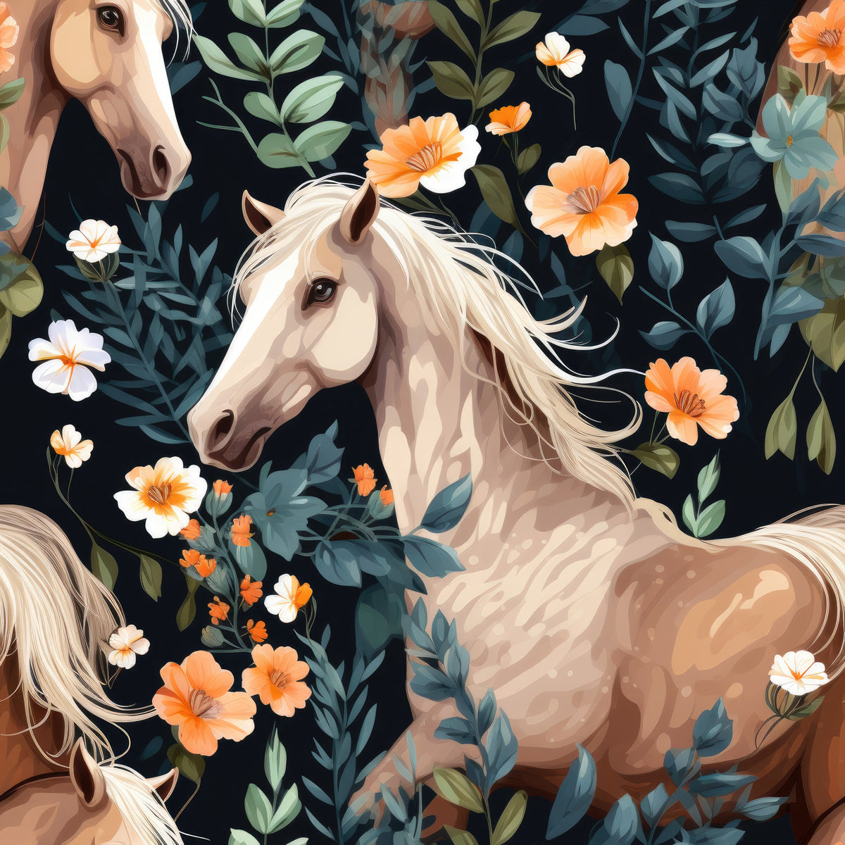 Cute Floral Horses Pattern 10 Quilting Cotton Fabric