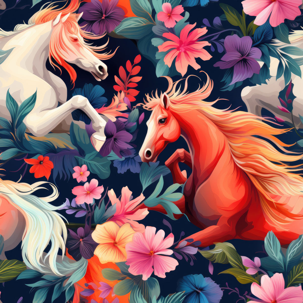 Cute Floral Horses Pattern 11 Quilting Cotton Fabric
