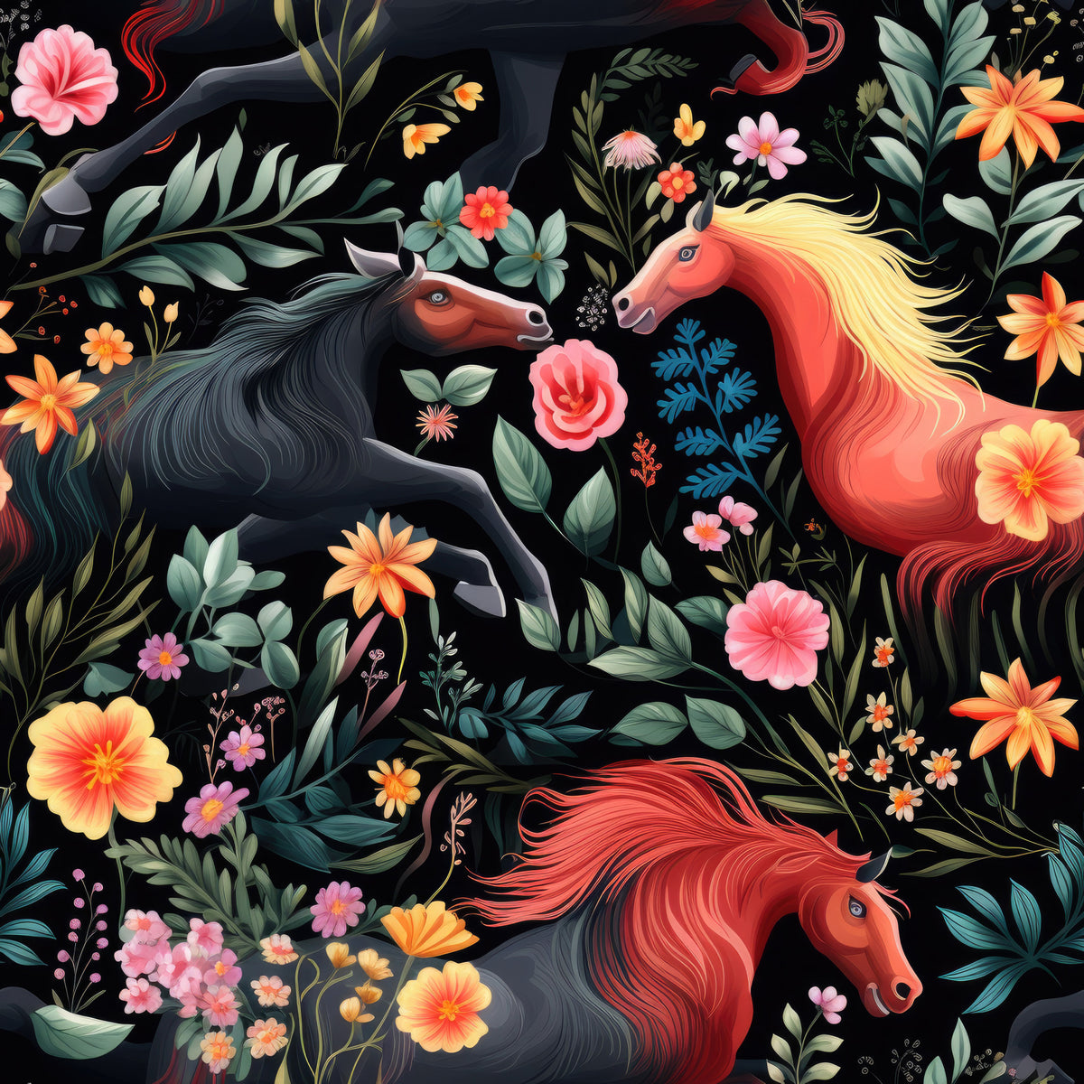 Cute Floral Horses Pattern 8 Quilting Cotton Fabric