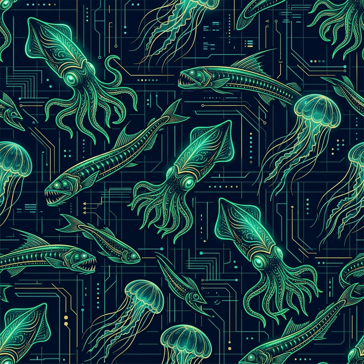 Deep Sea Bioluminescence Pattern 55 Quilting Cotton Fabric