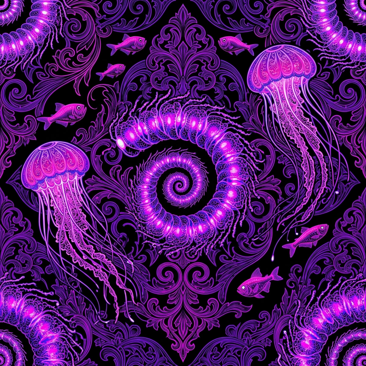 Fox Sowing Pattern Deep Sea Bioluminescence Pattern 75 Quilting Cotton Fabric by the Yard ...