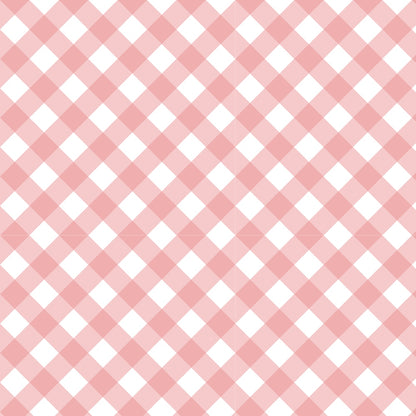 A seamless pattern of diagonal pink and white checkered squares, resembling a gingham or picnic tablecloth design. The pattern repeats evenly across the entire image.
