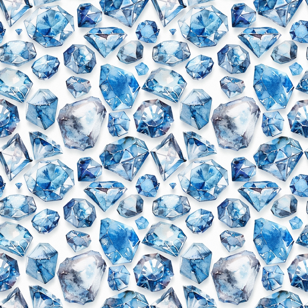 Pattern of variously shaped and sized blue gemstones on a white background.