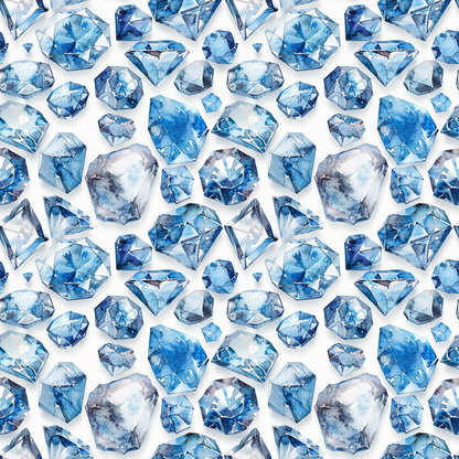 Pattern of variously shaped and sized blue gemstones on a white background.