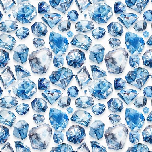 Pattern of variously shaped and sized blue gemstones on a white background.