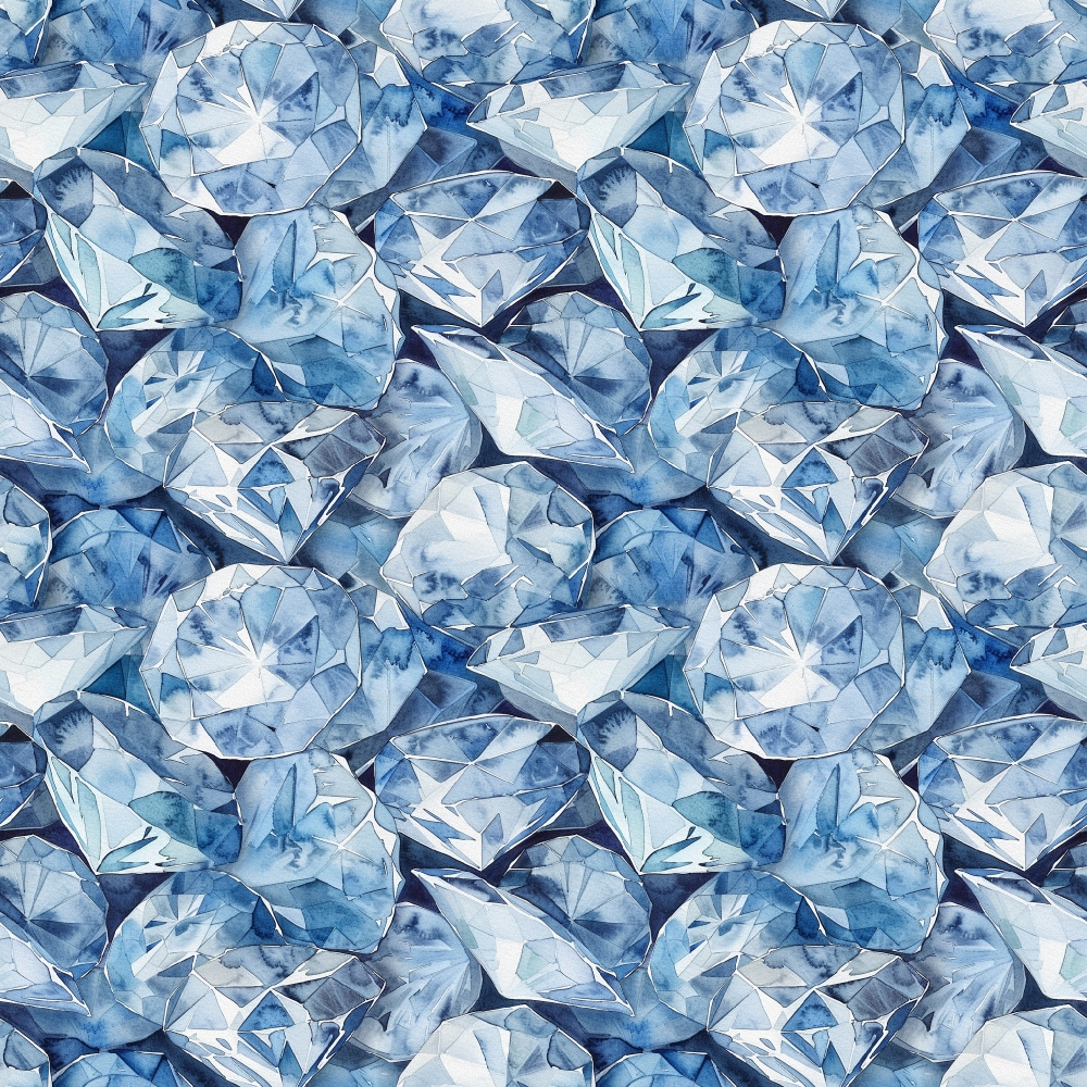 blue diamonds, sapphire blue, light blue, navy blue, gemstone pattern, diamond facets, crystal design, geometric shapes, sparkling gems, precious stones, quilting cotton, fabric panel, realistic diamonds, brilliant cut, jewelry pattern, luxurious texture, seamless repeat, multifaceted gems, crystalline structure, elegant design