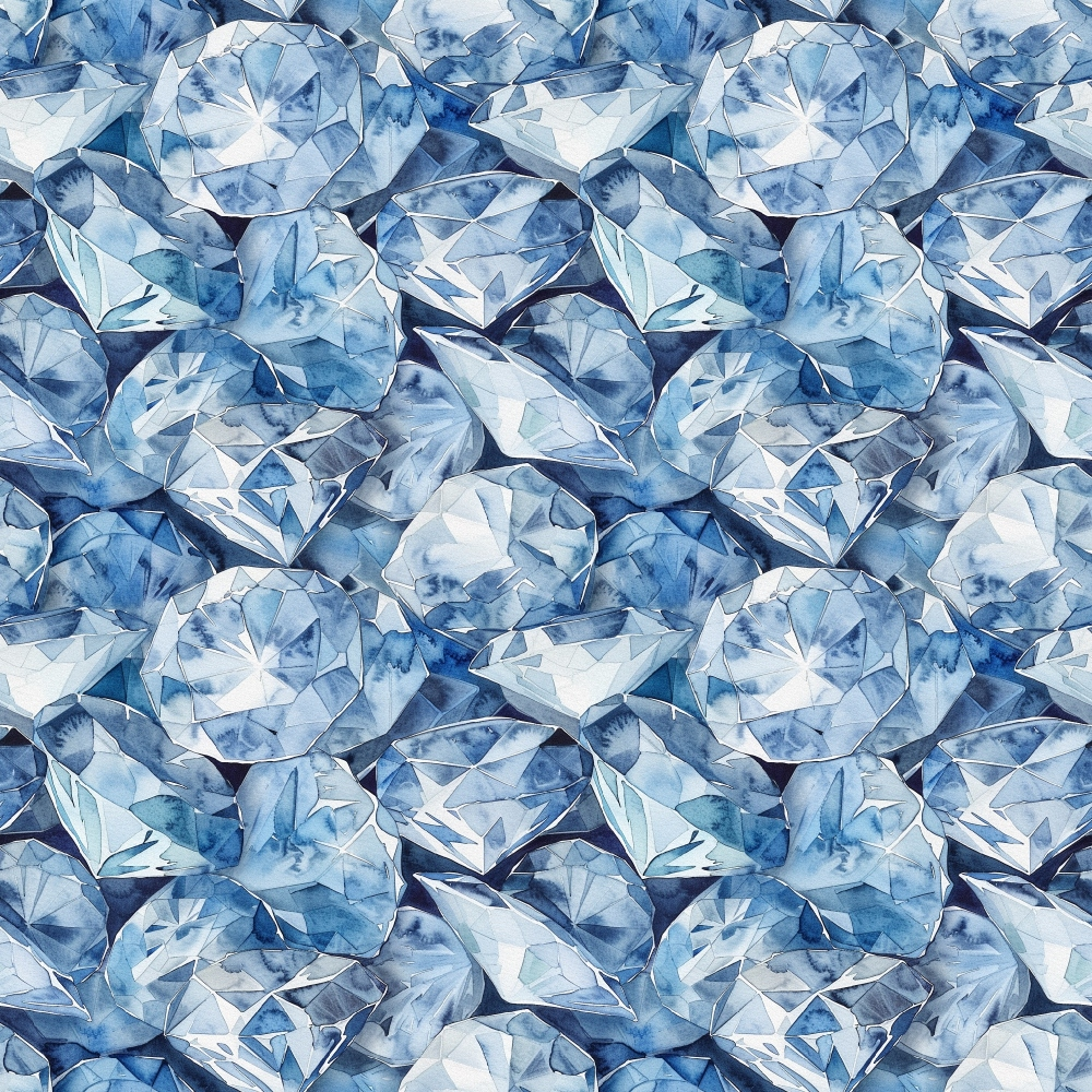 A seamless pattern of various cut blue gemstones, including round, marquise, and oval shapes, arranged closely together.