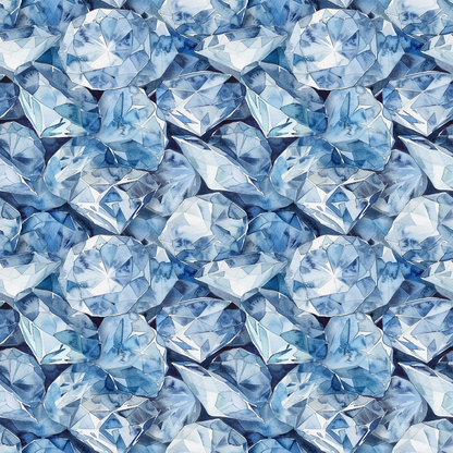 A seamless pattern of various cut blue gemstones, including round, marquise, and oval shapes, arranged closely together.