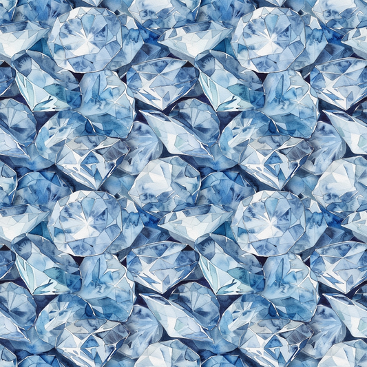 A seamless pattern of various cut blue gemstones, including round, marquise, and oval shapes, arranged closely together.