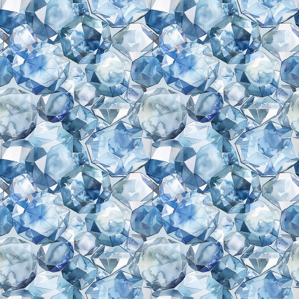 A pattern of variously sized and shaped blue gemstones, including round and oval cuts, arranged closely together, creating a seamless and repeating design.