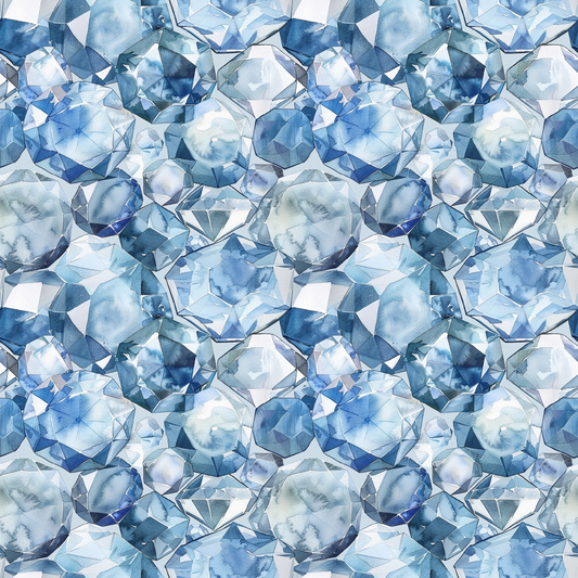 A pattern of variously sized and shaped blue gemstones, including round and oval cuts, arranged closely together, creating a seamless and repeating design.