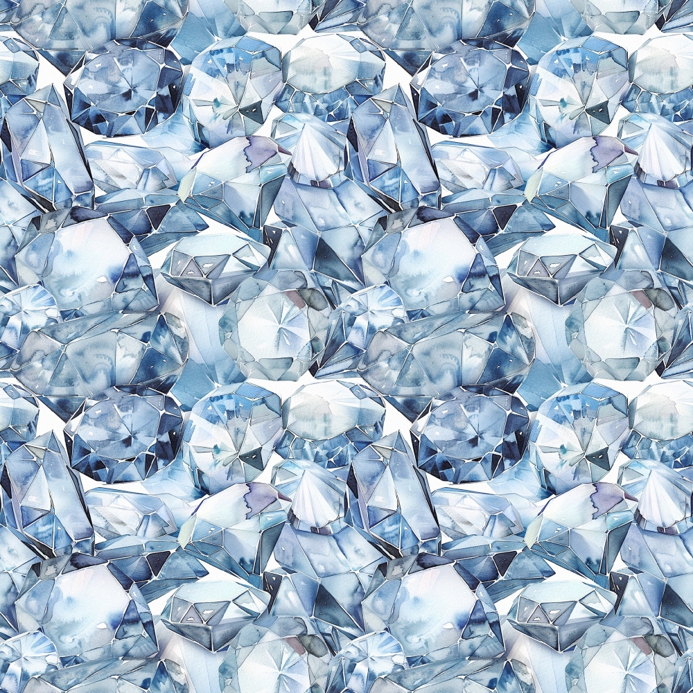 A pattern of overlapping blue and clear gemstones, including faceted diamonds and crystals, creating a sparkling, textured surface.