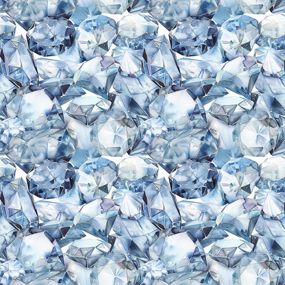 A pattern of overlapping blue and clear gemstones, including faceted diamonds and crystals, creating a sparkling, textured surface.