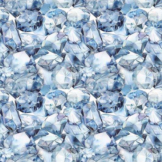 A pattern of overlapping blue and clear gemstones, including faceted diamonds and crystals, creating a sparkling, textured surface.