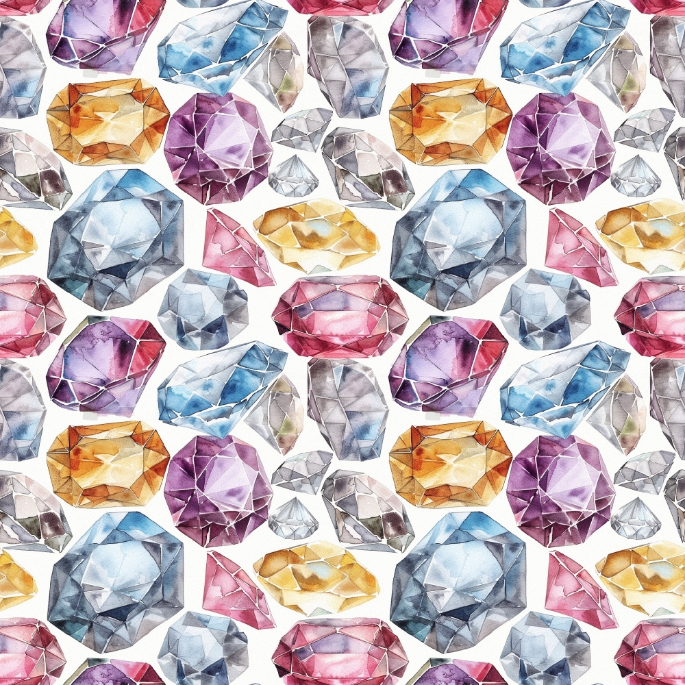 Pattern of various colorful gemstones including purple, blue, red, and yellow crystals on a white background.