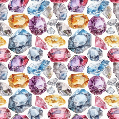 Pattern of various colorful gemstones including purple, blue, red, and yellow crystals on a white background.