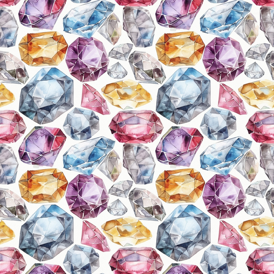 Pattern of various colorful gemstones including purple, blue, red, and yellow crystals on a white background.