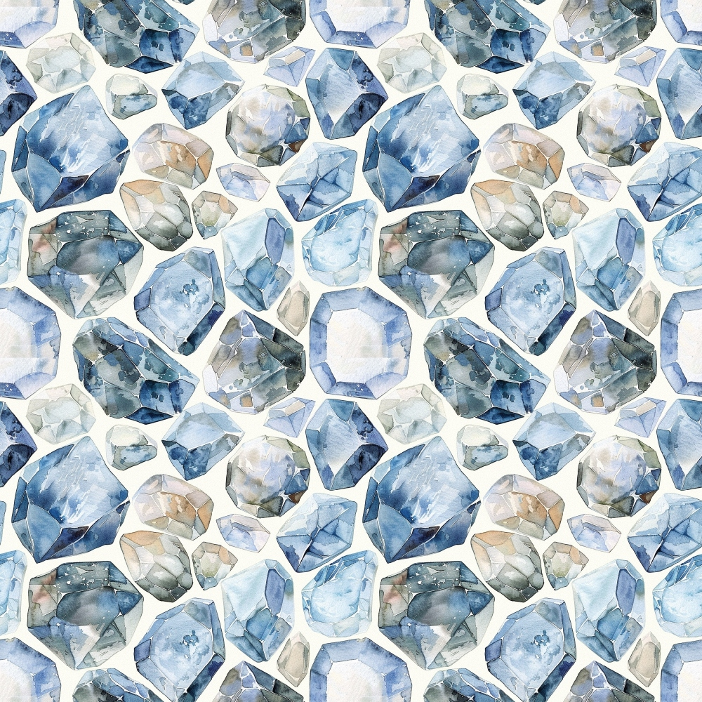 Pattern of various blue and white watercolor gemstones arranged closely together.