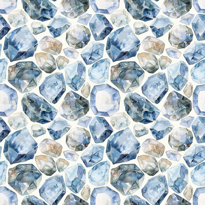 Pattern of various blue and white watercolor gemstones arranged closely together.