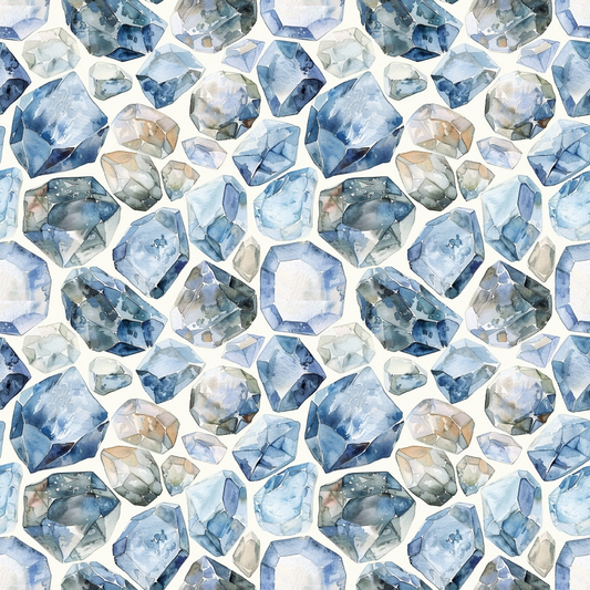 Pattern of various blue and white watercolor gemstones arranged closely together.