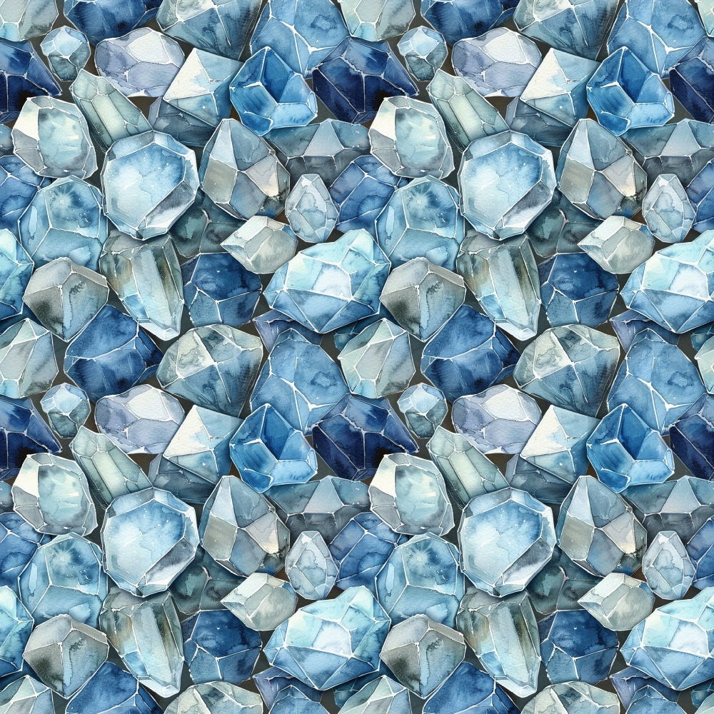 A pattern of various blue and turquoise crystals, with facets reflecting light, creating a textured and shimmering surface.