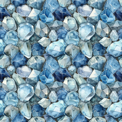 A pattern of various blue and turquoise crystals, with facets reflecting light, creating a textured and shimmering surface.