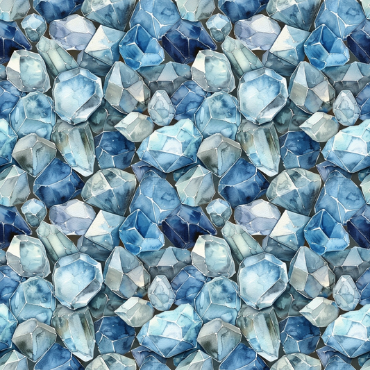 A pattern of various blue and turquoise crystals, with facets reflecting light, creating a textured and shimmering surface.