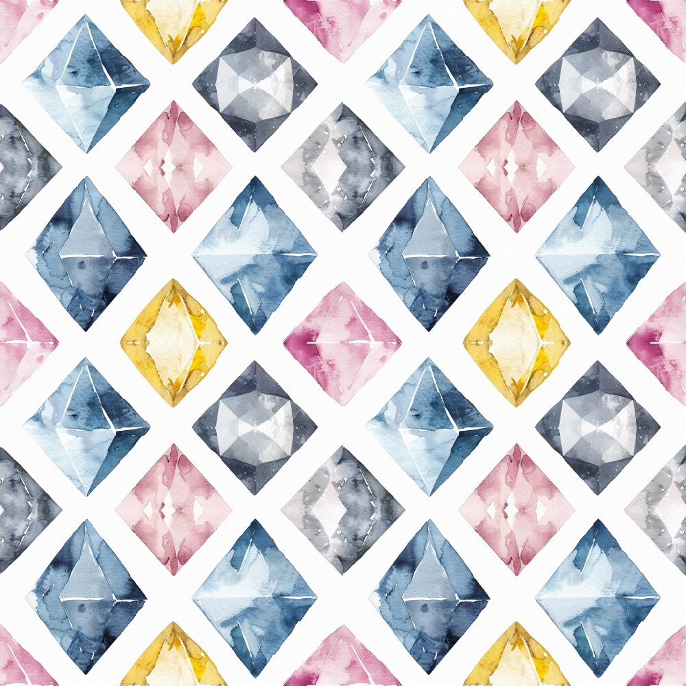 Geometric pattern with repeating diamond shapes in blue, pink, yellow, and gray watercolors on a white background.