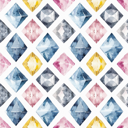 Geometric pattern with repeating diamond shapes in blue, pink, yellow, and gray watercolors on a white background.