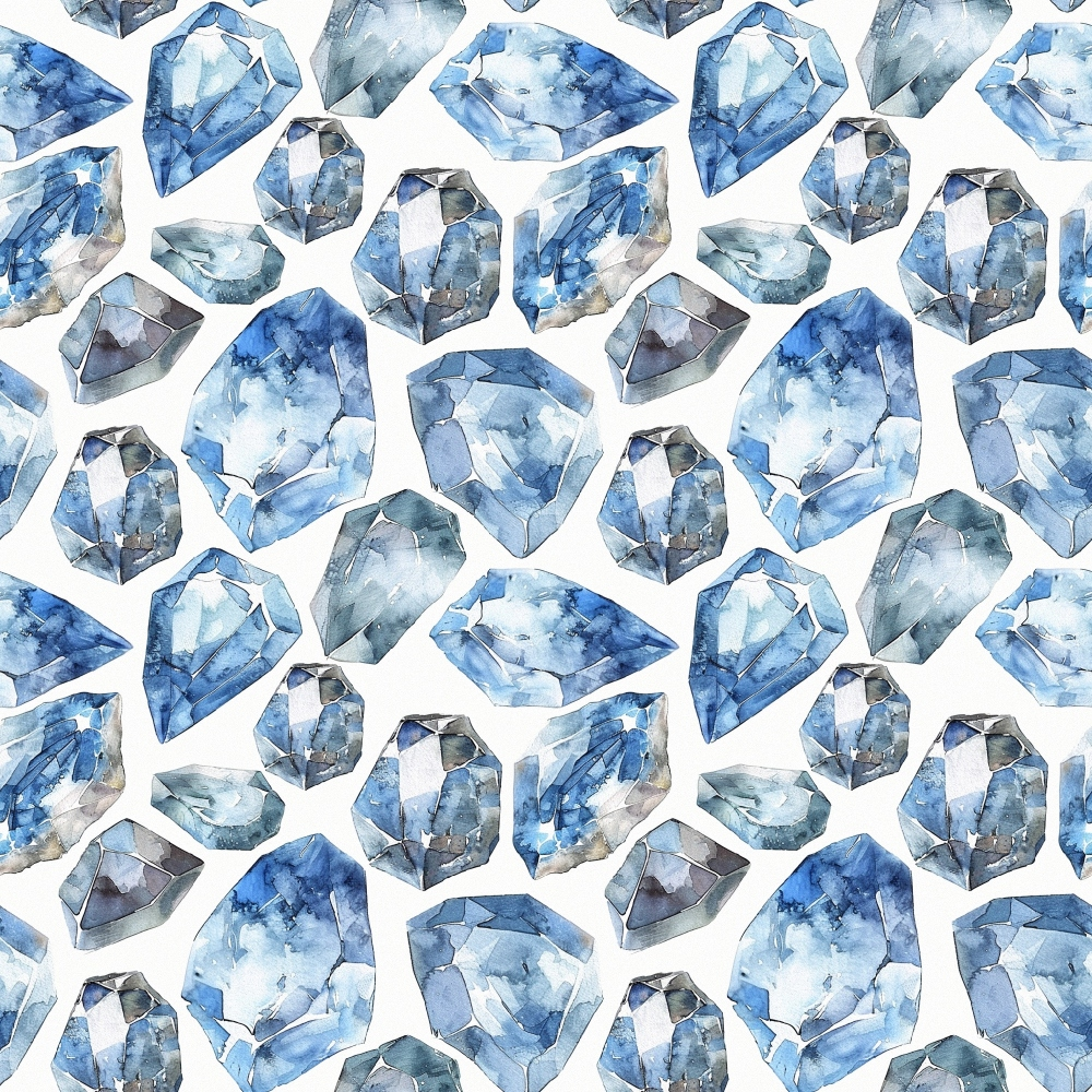 Pattern of watercolor blue gemstones on a white background.