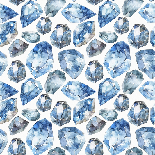 Pattern of watercolor blue gemstones on a white background.