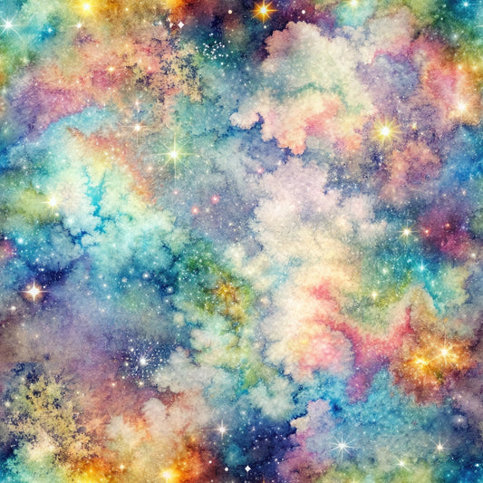 Abstract depiction of a colorful galaxy with swirling clouds and bright stars in a nebula-like pattern.