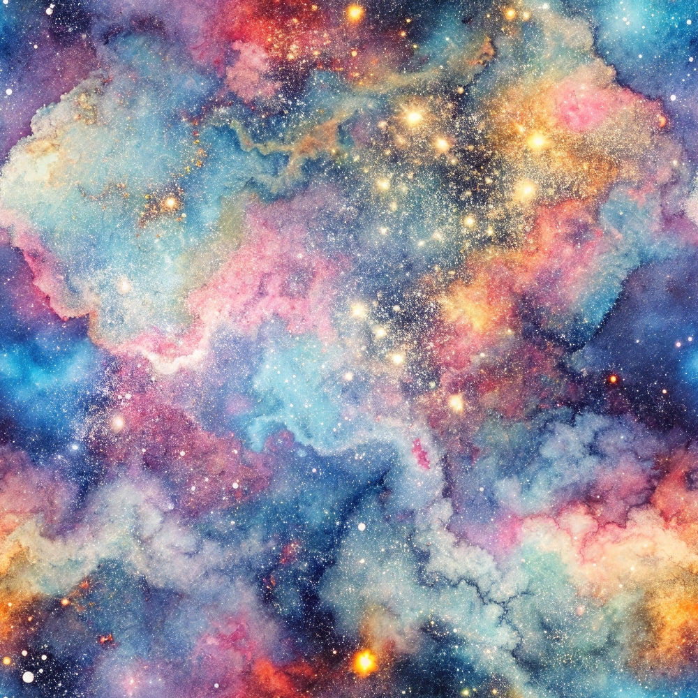 Colorful nebula with glowing stars in a vibrant cosmic scene, featuring swirling clouds in shades of blue, pink, and yellow.