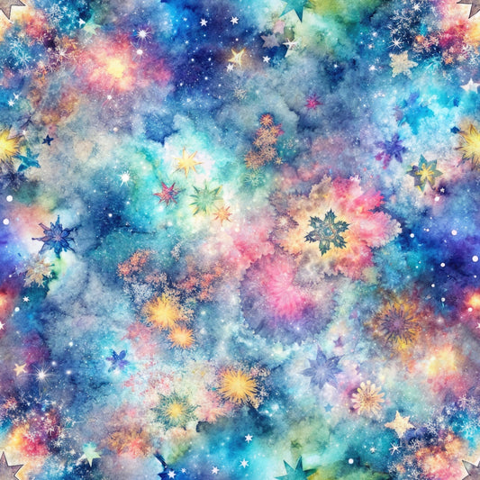 Colorful abstract galaxy with stars, clouds, and nebula-like patterns in vivid blues, pinks, and yellows.