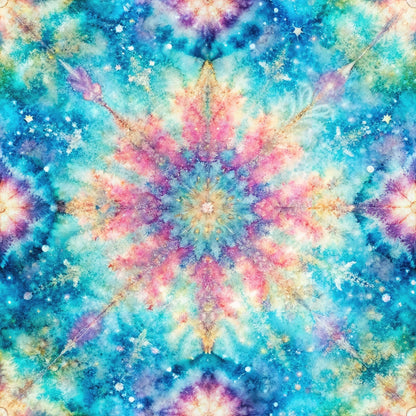 Colorful mandala-like pattern with a symmetrical starburst design in shades of blue, pink, and yellow. Resembles a tie-dye or watercolor effect with celestial elements.