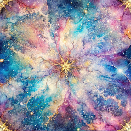 A vibrant, abstract depiction of a colorful galaxy with swirling patterns in blues, pinks, and purples, highlighted by gold, depicting a cosmic explosion of stars and nebulae.