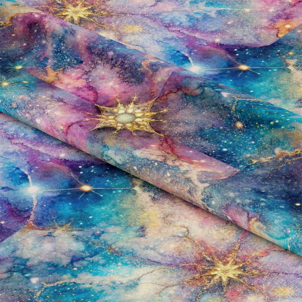 - Distressed Fantasy Pattern 5 Quilting Cotton Fabric  
- celestial design  
- cosmic motif  
- star shapes  
- watercolor texture  
- galaxies  
- blues  
- purples  
- gold accents  
- cotton fabric  
- quilting material  
- dreamy fabric  
- ethereal style  
- celestial quilt fabric