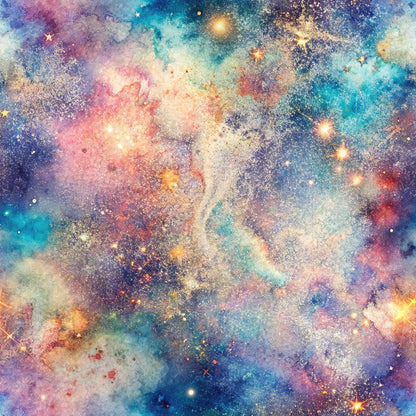 A colorful, swirling galaxy with bright stars and nebulae in shades of pink, blue, and yellow against a dark background.