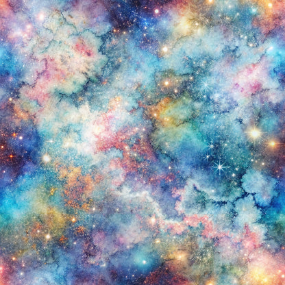 Colorful nebula with bright stars and swirling clouds of blue, pink, yellow, and purple in space.