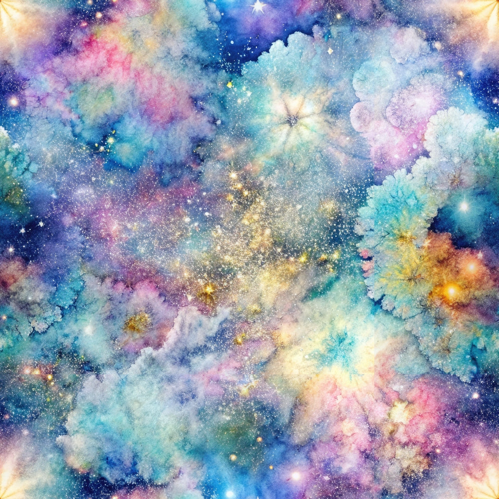 Abstract watercolor painting featuring colorful, cloud-like patterns resembling a vibrant galaxy with splashes of blue, pink, yellow, and green.