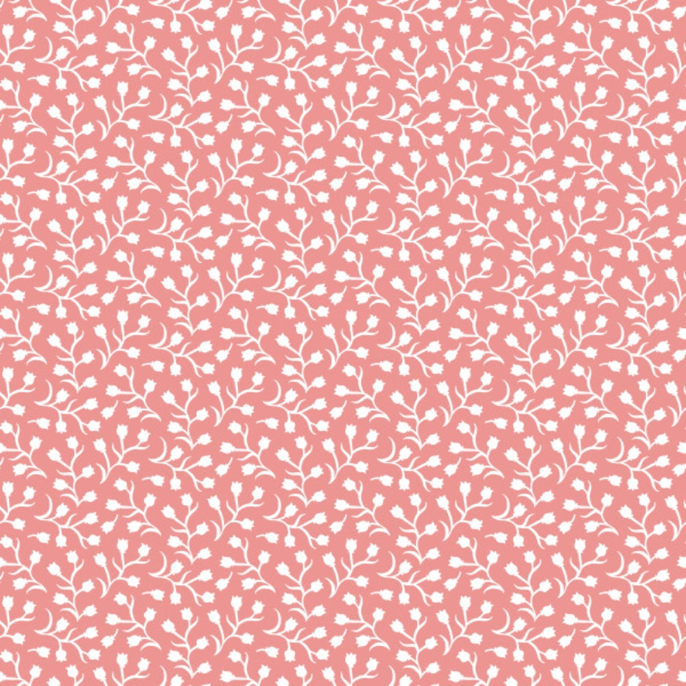 A seamless pattern with small white floral silhouettes and branches on a muted pink background. The design repeats uniformly across the image.