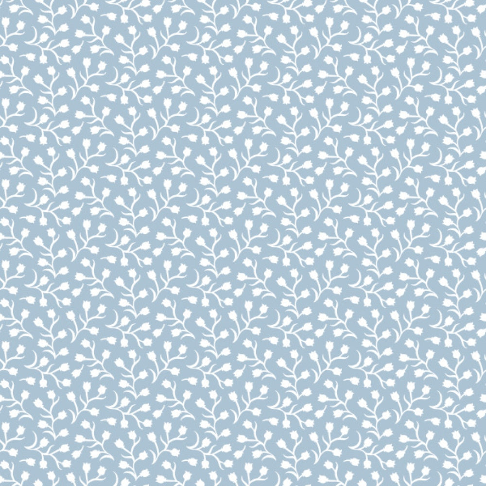 A seamless pattern of small white floral silhouettes and leaves on a light blue background, creating a delicate and repetitive botanical design.