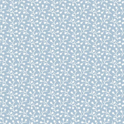 A seamless pattern of small white floral silhouettes and leaves on a light blue background, creating a delicate and repetitive botanical design.