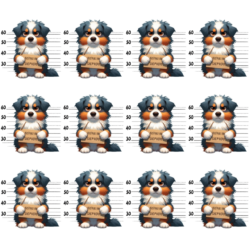 Pattern of cute cartoon dogs with mugshot backgrounds, each holding a sign with INSTAGRAM JAIL written on it.