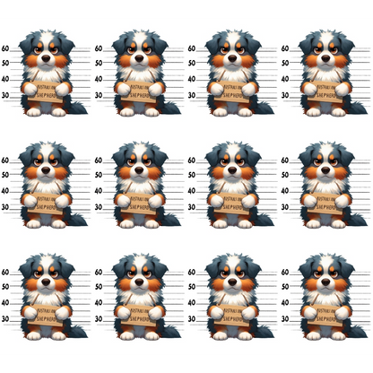 Pattern of cute cartoon dogs with mugshot backgrounds, each holding a sign with INSTAGRAM JAIL written on it.